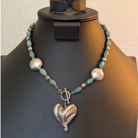 925 Textured Puff Heart Pillow Square & Turquoise Bead Toggle Clasp Necklace - Picture 1 of 6